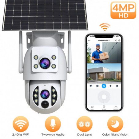Caméra de Sécurité WiFi 4MP Solaire – Double Objectif & Suivi Auto