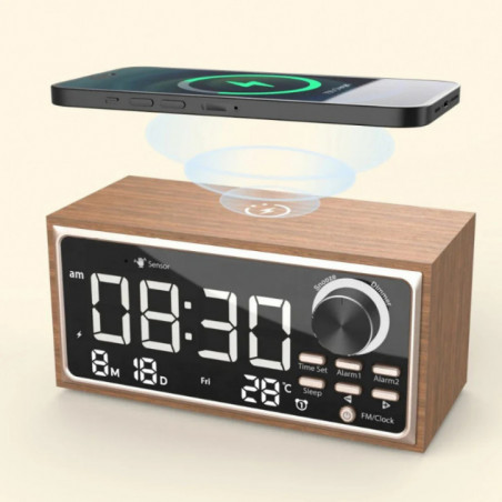 Horloge en bois massif, alarme Vintage, Radio FM, charge sans fil, affichage LED