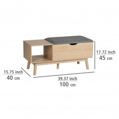 Banc entrée 1 tiroir et 1 casier en bois et assise polyester gris 100x40x45cm