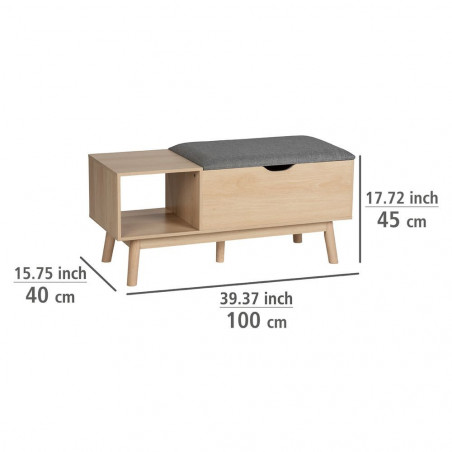 Banc entrée 1 tiroir et 1 casier en bois et assise polyester gris 100x40x45cm
